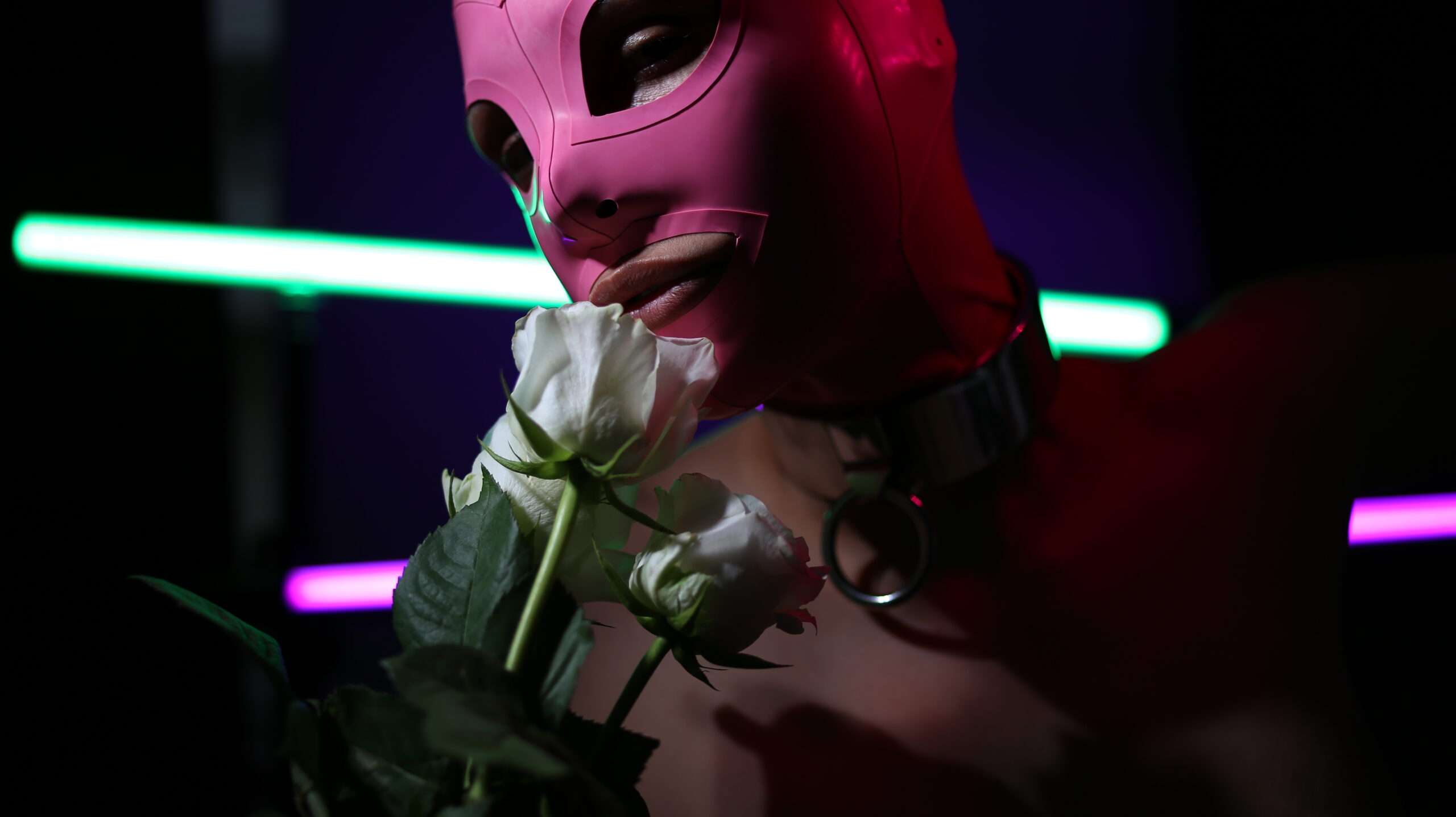 A person in a pink latex face mask and hood holds a white rose to their lips. 