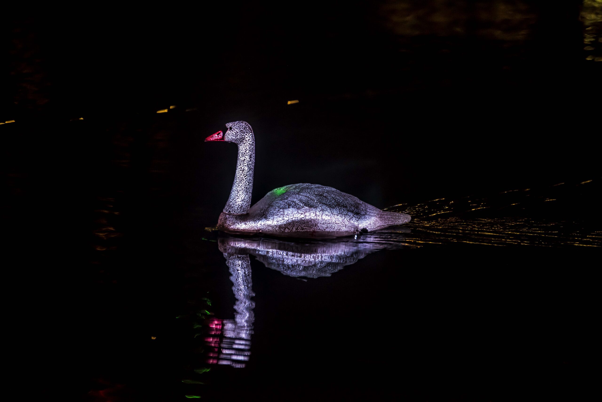 A glowing white and orange swan floats in the dark on Salford Quays.